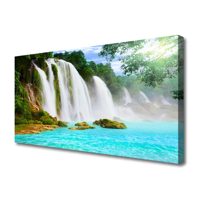 Canvas Wall art Waterfall lake nature blue white brown green