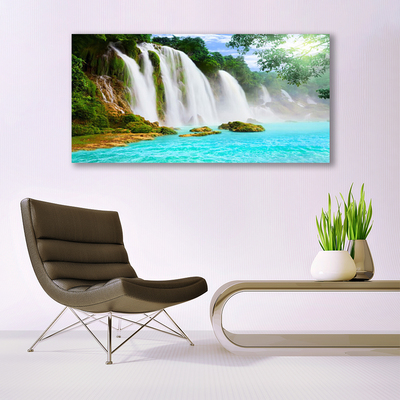 Canvas Wall art Waterfall lake nature blue white brown green