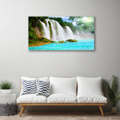 Canvas Wall art Waterfall lake nature blue white brown green