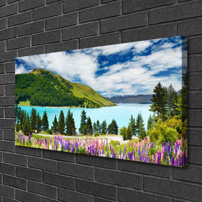 Canvas Wall art Mountain forest lake meadow landscape green blue purple pink