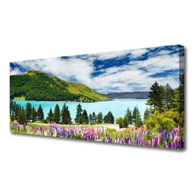 Canvas Wall art Mountain forest lake meadow landscape green blue purple pink