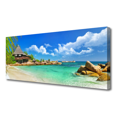 Canvas Wall art Beach sea stones landscape white blue brown