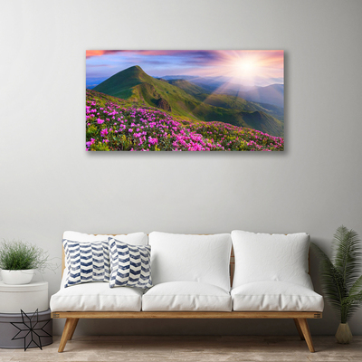 Canvas Wall art Mountains meadow flowers landscape blue green pink