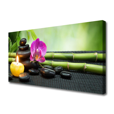 Canvas Wall art Bamboo flower stones candle art green pink black yellow