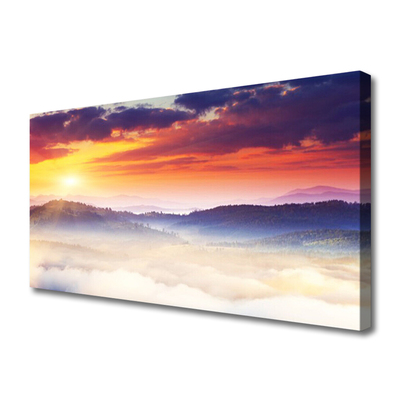 Canvas Wall art Mountain sun landscape yellow purple white