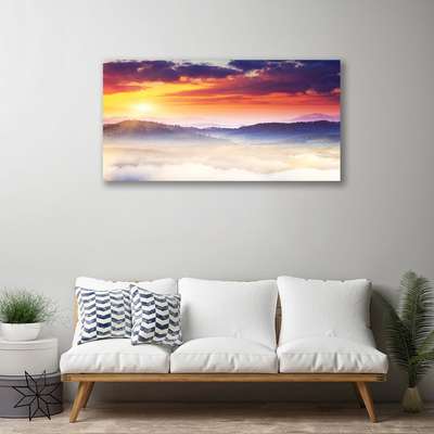 Canvas Wall art Mountain sun landscape yellow purple white