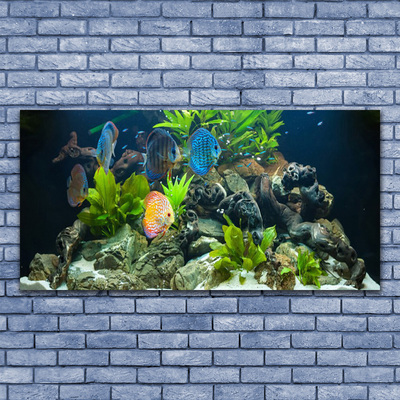 Canvas Wall art Fish stones leaves nature blue yellow grey green