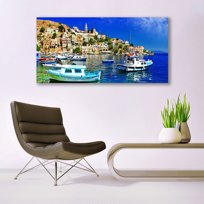 Canvas Wall art Boats city sea landscape blue white brown green