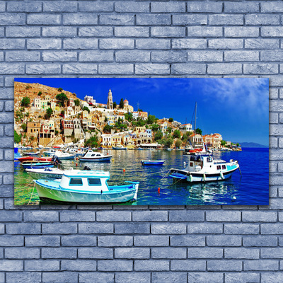 Canvas Wall art Boats city sea landscape blue white brown green