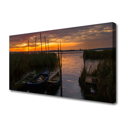 Canvas Wall art Boats sea grass landscape brown white green grey