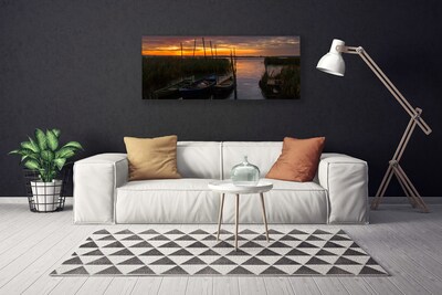 Canvas Wall art Boats sea grass landscape brown white green grey