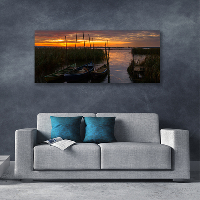 Canvas Wall art Boats sea grass landscape brown white green grey