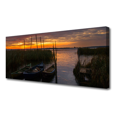 Canvas Wall art Boats sea grass landscape brown white green grey