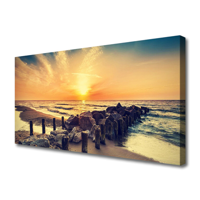 Canvas Wall art Beach stones sea landscape brown yellow grey