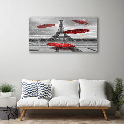 Canvas Wall art Eiffel tower umbrella architecture grey red