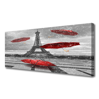 Canvas Wall art Eiffel tower umbrella architecture grey red