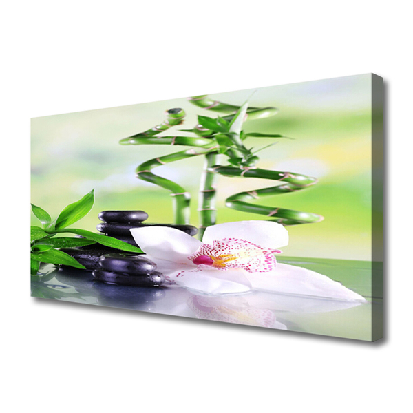 Canvas Wall art Bamboo stalks flower stones floral green white black