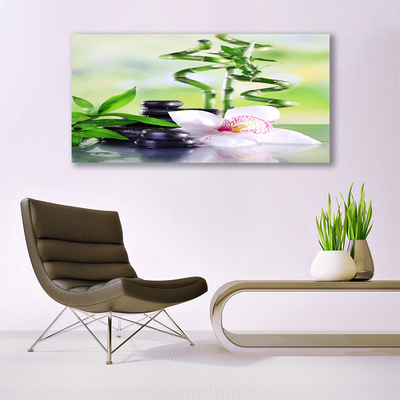 Canvas Wall art Bamboo stalks flower stones floral green white black