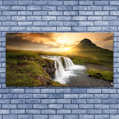 Canvas Wall art Mountain waterfall nature grey green white