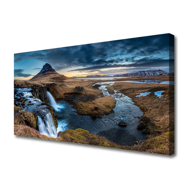 Canvas Wall art Mountains waterfall lake landscape blue grey green white