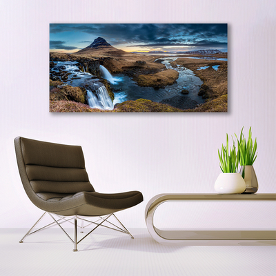 Canvas Wall art Mountains waterfall lake landscape blue grey green white