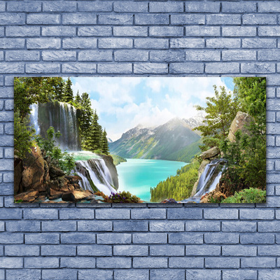 Canvas Wall art Mountain bay waterfall nature grey blue green brown