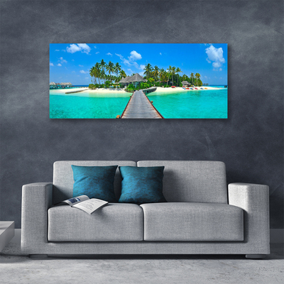 Canvas Wall art Beach palm trees bridge sea architecture brown green grey blue