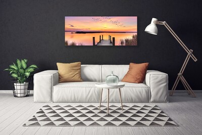 Canvas Wall art Sea bridge landscape yellow pink grey