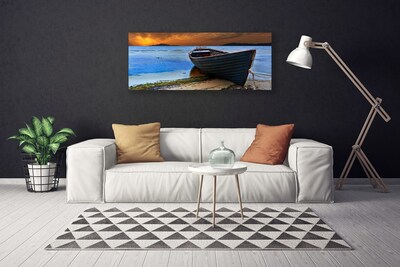 Canvas Wall art Beach boat sea landscape green brown grey blue