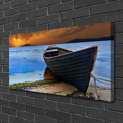 Canvas Wall art Beach boat sea landscape green brown grey blue