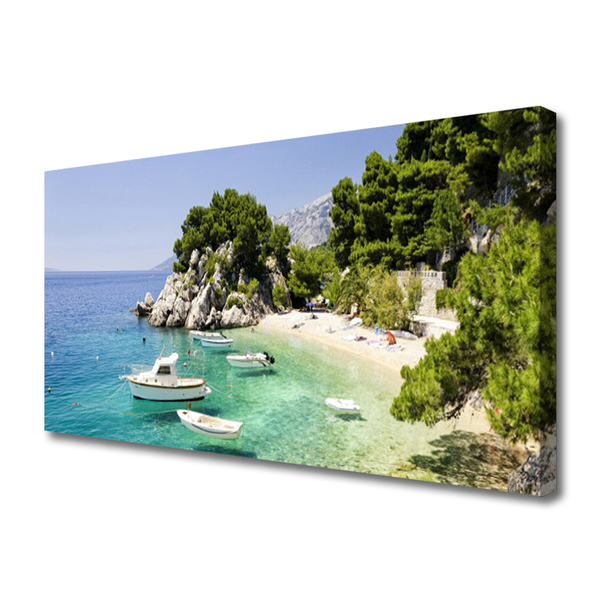 Canvas Wall art Sea boat beach rocks landscape blue white green grey