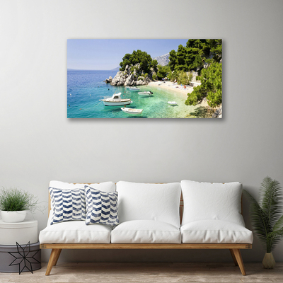 Canvas Wall art Sea boat beach rocks landscape blue white green grey