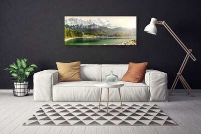 Canvas Wall art Mountain forest lake landscape white grey green