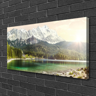 Canvas Wall art Mountain forest lake landscape white grey green