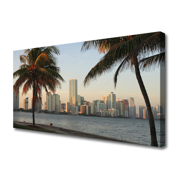 Canvas Wall art City palm trees houses brown green grey