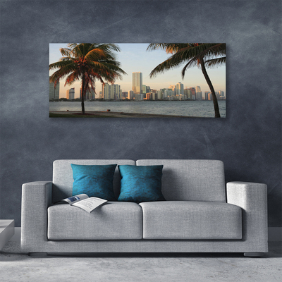 Canvas Wall art City palm trees houses brown green grey