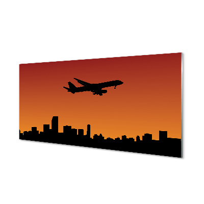 Glass print Airplane sky and sunset