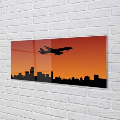 Glass print Airplane sky and sunset