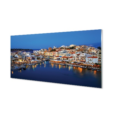 Glass print Greece coastal city at night