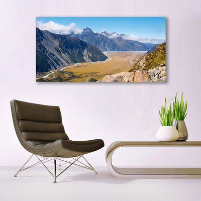 Glass Print Mountains valley landscape blue brown