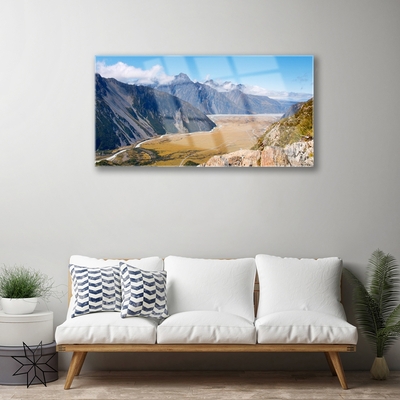 Glass Print Mountains valley landscape blue brown