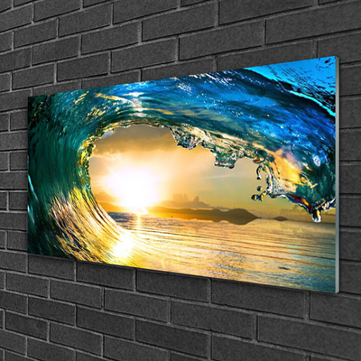 Glass Print Wave sea sunset nature blue yellow