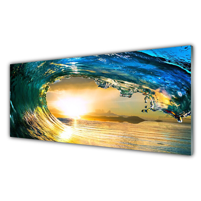 Glass Print Wave sea sunset nature blue yellow