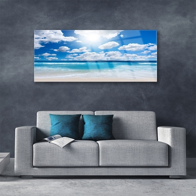 Glass Print North sea beach clouds landscape blue white