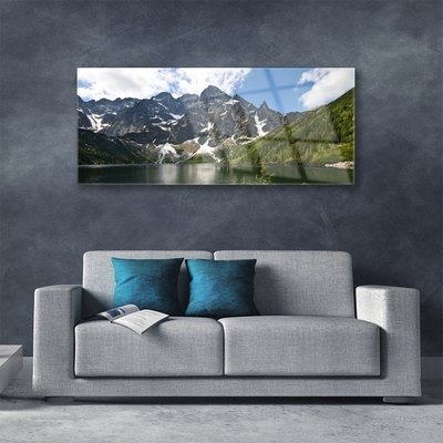 Glass Print Mountain lake forest landscape green blue white grey