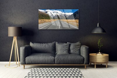 Glass Print Road mountains mountain snow landscape grey blue white brown