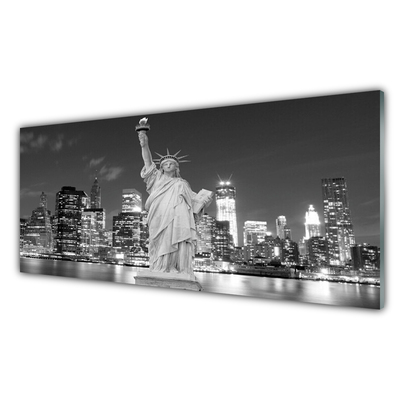 Glass Print Statue of liberty new york houses grey