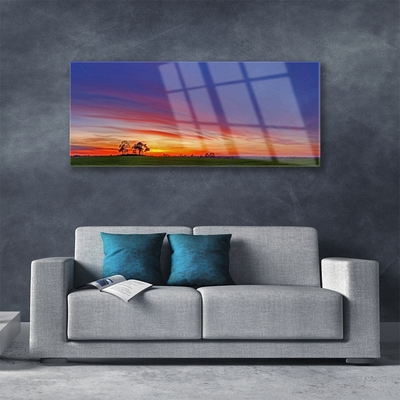 Glass Print Landscape field trees nature blue purple red yellow