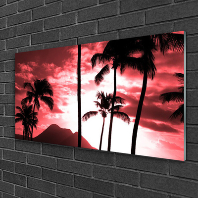 Glass Print Mountain palm trees nature pink black white