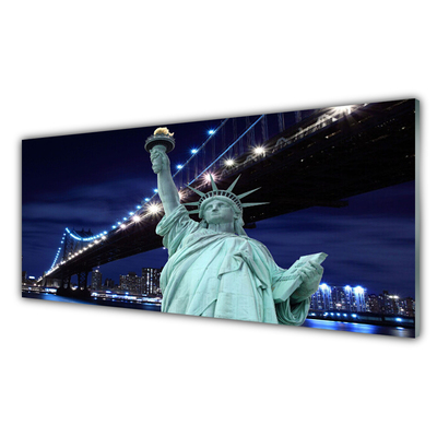 Glass Print Bridge statue of liberty architecture grey black blue